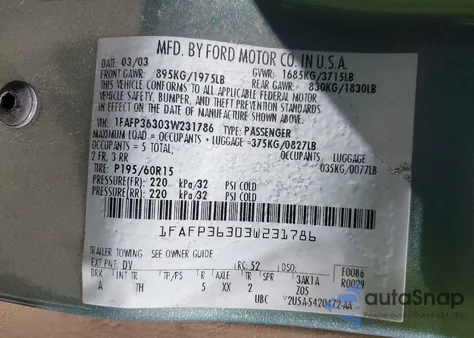 2003 Ford Focus Se/Ztw from USA, damaged, VIN 1FAFP36303W231786